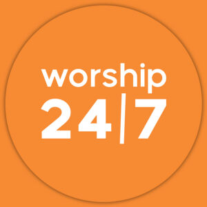 24/7 worship logo in white on an orange background.