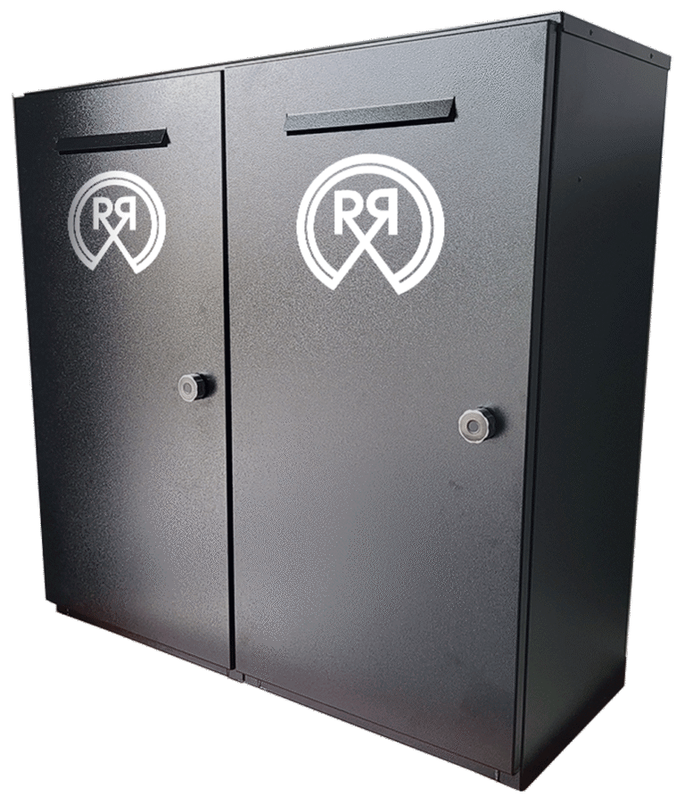Black metal cabinet with RR logo.